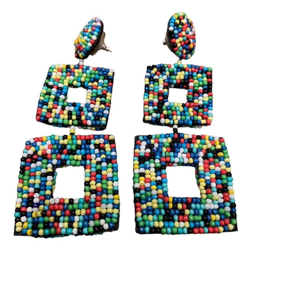 Earrings | Square Beaded Colorful Dangle Earrings Unique - Picture 3 of 8